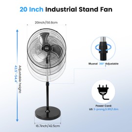 Xcity 20 inch Industrial Pedestal Oscillating Fan, 3-Speed, High Velocity Stand Fan, Max 3600 CFM, Adjustable Height & Tilt, Heavy Duty Metal Fans for Patio, Garage, Workshop,Warehouse, Black