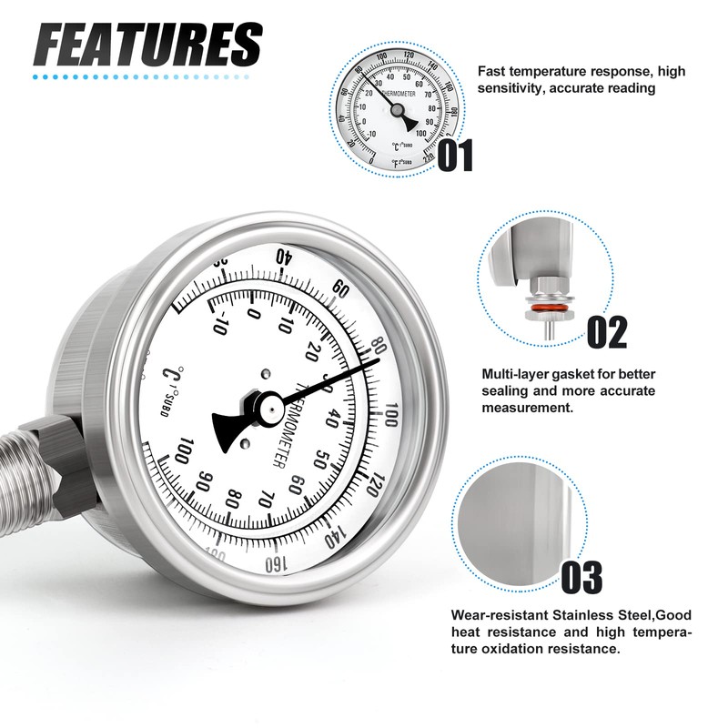 MEANLIN MEASURE 1/2" NPT Bimetal Thermometer for hot Water, boilers,