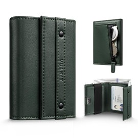 VULKIT Mens Wallet RFID Blocking Leather Compact Trifold with Zippered Coin Pocket, ID Window and Business Card Holder Green