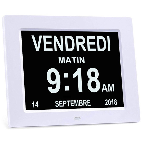 8" LCD Horloge Numérique Calendrier avec Date, Jour et Heure | Horloge Alzheimer pour Les Seniors,C'est pour Les Parents (Blanc)