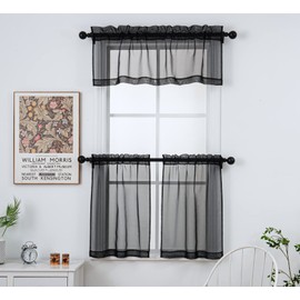 PI Cortinas Negras Transparentes de 45 Cm de Largo, Cenefa de Gasa Pequeña para Ventana de Cocina O Cafetería, con 1 Panel de Bolsillo para Barra (Negro, 132 Cm de Ancho X 45 Cm de Largo)