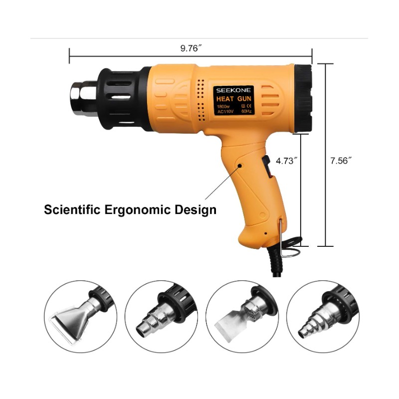 SEEKONE Heat Gun 1800W 122℉-1202℉ with 4 Nozzles for Paint