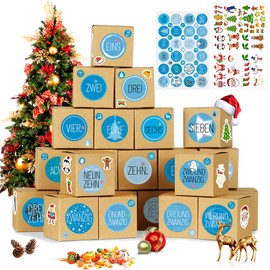 Advent Calendar for Filling, 24 Advent Calendar Boxes, Advent Calendar DIY Crafts for Children Girls Boys with 80 Stickers (24 Number Stickers and 56 Christmas Stickers)