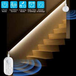 NIVOTA Dual Sensor Stair Light Strip, Double Motion Activated Sensor LED Strip Light for Stairway (Power Adapter (9.84FT Cable), Warm White 3000K (32.8FT White Light Strip))