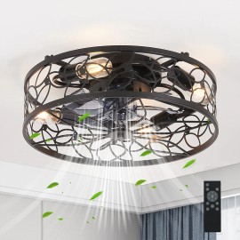 18" Black Vintage Caged Silent Ceiling Fan Light - 6-Speed Quiet Operation, Remote Control, Industrial StyleLamp Power(W): 20, Color: Black, Emitting Color: Bulbs Not Included
