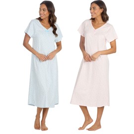 INSIGNIA Womens Pack of 2 Short Sleeve Long Pure Cotton Jersey Nightshirts Nighties (Pink-Blue Spot, 14-16)