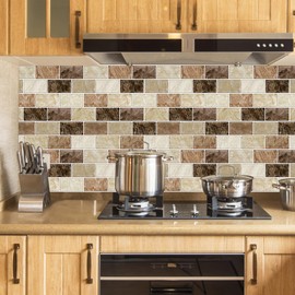 URCOLOR 10-Sheet Peel and Stick Backsplash Subway Tile for Kitchen,12"x12" Self Adhesive Wall Tiles Sticker on Back Splashes for Bathroom Brown Marble Design