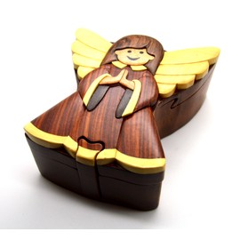 Angel Handmade Carved Wood Intarsia Puzzle Box