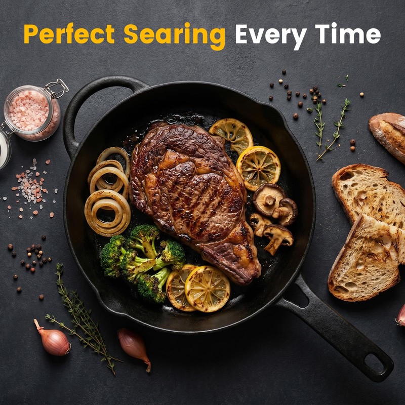 10 Inch Cast Iron Skillet, Pre-Seasoned Frying Pan with Dual