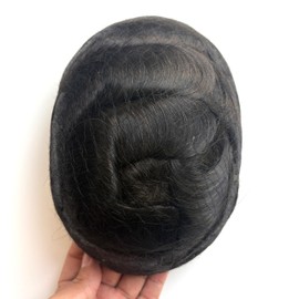 Hywel Mens Toupee with Real Human Hair, Full Soft Skin Single Knot Toupee for Men, Thickness (08-10mm) Natural Wave Hair System Base Size 7 * 9 Inch, Hair Pieces Color #1B Off Black