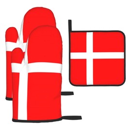 Denmark Danish Flag Oven Mitts Pot Holders Sets, Kitchen Glove High Heat Resistant Potholder, Surface Safe for Baking, Cooking, BBQ (3PC)