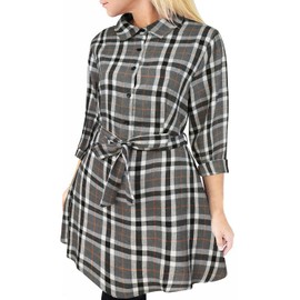 FANCYINN Women Buffalo Plaid Dress Flannel Plaid Pattern Tunic Tops Shirt Casual Fall Dress with Belt Gray & Blacke Plaid XL