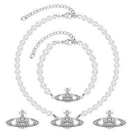 Saturn Faux Pearl Choker Necklace 3 Pieces Planet Pearl Necklace for Women Beads Saturn Crystal Rhinestone Necklace Planet Chain Pearl Necklace with Pendant for Wife Girlfriend Daughter Mother Gift