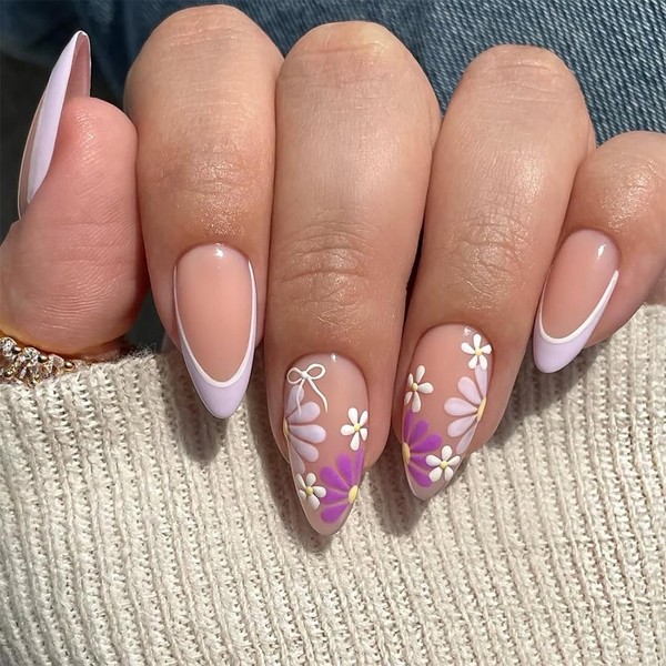 24 PCS Flower Press on Nails,Medium Almond Purple False Nails