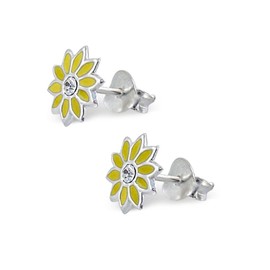 Yellow Daisy Flower Earrings with Crystal Stones - 925 Sterling Silver