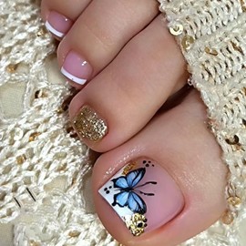 French Tip Press on Toenails Flower Fake Toe Nails Short Square False Toenails Summer Glue on Toenails Flowers Rhinestone Design Cute Acrylic Toenails Reusable Artificial Toenails for Women 24Pcs