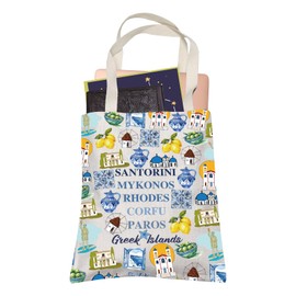 LEVLO Greek Islands Canvas Tote Bag Greece Souvenir Gift Santorini Mykonos Rhodes Corfu Paros Travel Shopping Bag, Santorini, Medium