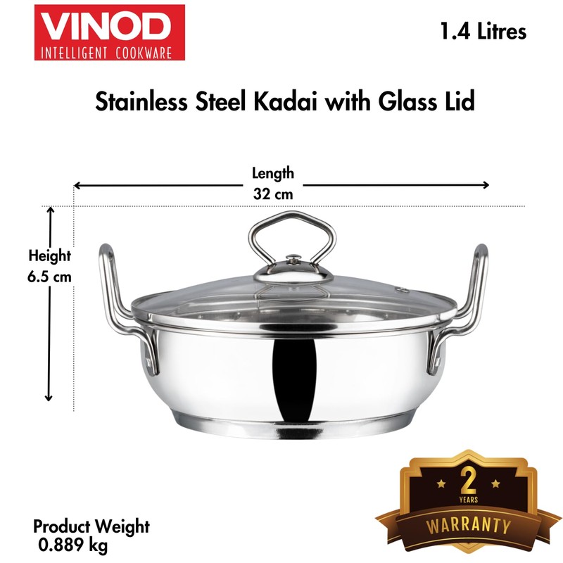 Vinod Cookware Induction Friendly Kadai With Lid Silver 1.5 Litres,