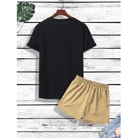 GORGLITTER Men's Casual 2 Piece Outfits Bear Graphic Print Tee and Drawstring Waist Track Shorts Set with Pockets Black and Brown Large