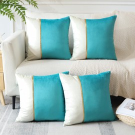 Sungeek Set of 4 Cushion Covers, 45 x 45 cm, Soft Patchwork Velvet Cushion Cover with Gold Leather, Decorative Cushion Covers, Couch Cushion, Decorative Cover for Sofa, Bedroom, Living Room (Blue)