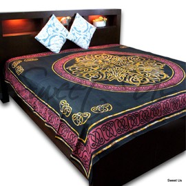 Red & Black Celtic Knot Indian Bedspread, Queen Size