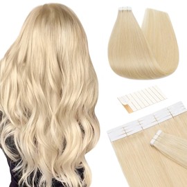 Tess Tape Extensions Real Hair Blonde #613 Tape Hair Pieces Tape-In Hair Extensions, Remy Human Hair Extensions Straight, 10 Pieces, 24 Inches (60 cm) – 25 g