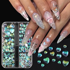 3D Aurora Nail Art Charms, Mixed Sizes Iridescent Crystal Love Hearts Bubble Beads Flatback Resin Rhinestones Diamonds Nail Jewels Accessories for Nail Art Supplies Manicure Craft DIY & Salon