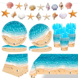 170 Pcs Beach Party Supplies Ocean Waves Party Decorations Include Ocean Seashell Plates Cups Napkins Cutlery Banner Tablecloth for Birthday Baby Shower Wedding Summer Party, Serves 24