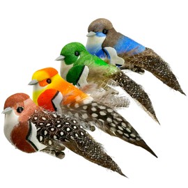 4pcs Artificial Birds Clip on Bird Ornaments with Feathers for Spring Christmas Tree Decoration, Arts & Crafts and Floral Arrangements (Model-4S14)