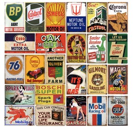 24 Pieces Gas and Oil Tin Signs, Retro Vintage Metal Sign for Home Man Cave Garage, 8x12 Inch/20x30cm
