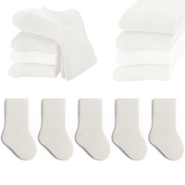 QIYIENDIAN 5 Pairs Toddler Crew Socks Soft Cotton Socks Elastic Baby Solid Colours Socks for Children Boys Girls, White