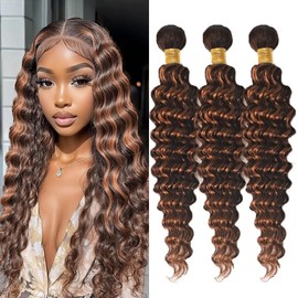 Dokksiiia P1B30 Highlight Light Brown Deep Wave Bundles Human Hair Piano Color Black and Light Brown Weave Bundles Double Weft Brazilian Human Hair Extensions 24/26/28 Inch