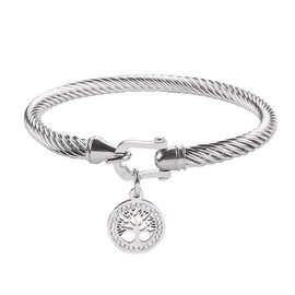 Jeolory Adjustable Twist Stainless Steel Cable Wire Silver Tree of Life Pendant Charm Bracelets Friendship Open Bangle Wrist Cuff for Women
