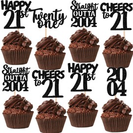 30PCS Black 21st Birthday Cupcake Toppers Glitter Twenty One Happy 21st Straight Outta 2004 Cupcake Picks for Cheers to 21 Years Birthday Anniversary Party Decorations Supplies