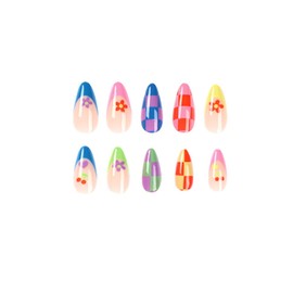 MISUD Almond Press on Nails Medium Stiletto Fake Nails Glossy Glue on Nails Rainbow French Tip Acrylic Nails Colorful Flower Plaid Design Stick on False Nails 24 pcs
