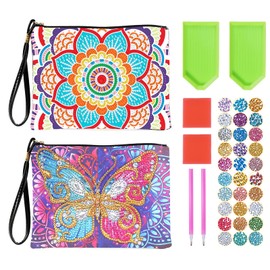 Carehabi Diamond Painting Cosmetic Bag, 2 Pieces DIY Diamond Painting Bag with Rhinestones, Wrist Bag for Women, Makeup Bag for Travel, Daily Life, Mandala and Butterfly Design