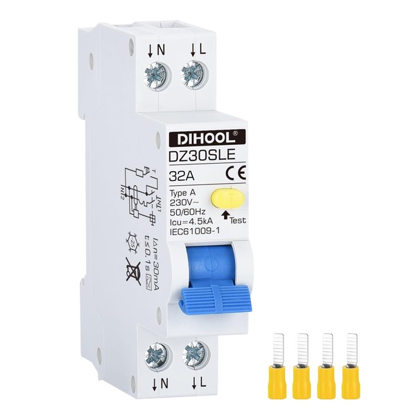 DIHOOL FI/LS Circuit Breaker 32A 30mA 0.03 2-Pin RCBO C32A
