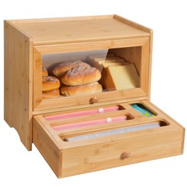 Bread Box for Kitchen Countertop,Bamboo Bread Box,Corner Bread box with Plastic Bag Organizer,Kitchen Countertop Food Storage Box with 2-Tier Storage,Farmhouse BreadBox with Window for Kitchen Counter