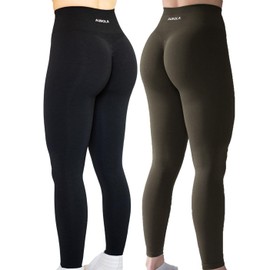 AUROLA Intensify 2 Pieces Set Workout Leggings for Women Seamless Scrunch Tummy Control Gym Pants,Set (Black+Dark Olive),L