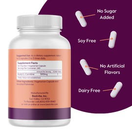 BESTVITE Acetyl L-Carnitine 500mg (240 Vegetarian Capsules) - No Stearates - Vegan - Non GMO - Gluten Free