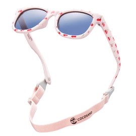 COCOSAND Polarized Baby Sunglasses with Strap Soft Flexible UV Protection for Toddler Infant Girl Boy Age 0-24 Months Outdoor Beach, Pink with Cherry Print