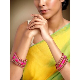 Aheli Royal Design Silk Thread Bangle Set Saree Matching Chuda Indian Traditional Wedding Fashion Jewelry Gift for WomenSilk Rani Pink Faux Stone, Size 2.6"