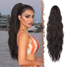FESHFEN Ponytail Extensions, Long Claw Clip in Ponytail Hairpiece Synthetic Pony Tails Hair Piece Natural Wavy Hairpieces for Women, Black Brown 25 inch