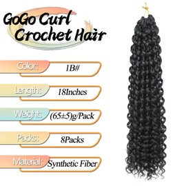 8 Packs GoGo Curl Crochet Hair 18 Inch Long Curly Crochet Hair for Women Beach Curl Water Wave Deep Twist Crochet Braids Synthetic Braiding Hair Extensions (1B, 18 Inch(pack of 8))