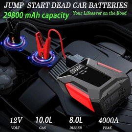 Jump Starter with Air Compressor, 4000A Car Battery Jump Starter (10L GAS/8L Diesel), 12V Portable Battery Booster with 150 PSI Tire Inflator, Emergency LED Lights, USB Rapid Charger, Storage Bag