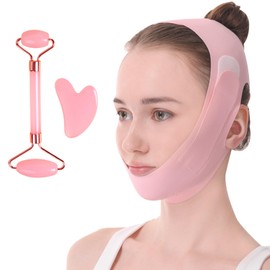 TYXHXTF V-Line Face Mask, Reusable Double Chin Mask, Face Slimming Strap for Double Chin and Gua Sha Stone