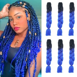 60 cm Braids, Synthetic Hair, Ombre Jumbo Braiding Hair Extensions, Synthetic Braiding Crochet Hairpieces, 6 Pieces, 100 g/Bundle (Black and Sapphire)