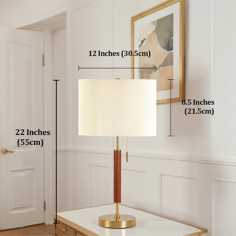 EMORLO Mid Century Modern Table Lamp, 22" Wood Pull Chain