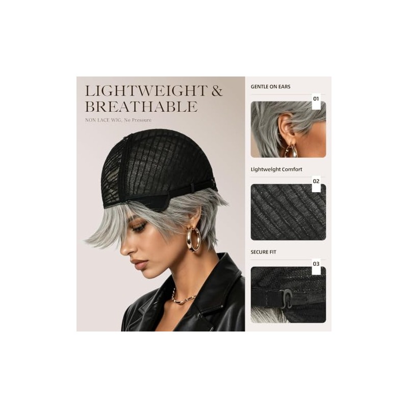 Peluca de cabello humano Pixie de 4 pulgadas gris plateado