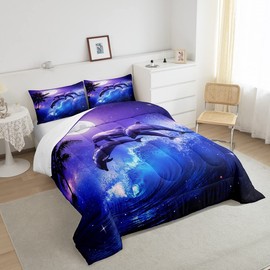 Castle Fairy Dolphin Comforter Set Twin Size,Ocean Waves Duvet Insert for Kid Teen Boys Girls Room Decor,Moonlight at Night Quilted Duvet,Starry Sky Stars Quilt Cover with 1 Pillowcase